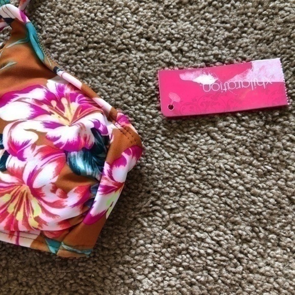 NEW NWT XHILARATION Macrame Strappy High Neck Bikini Top Mustard Gold Floral XS - Picture 6 of 9